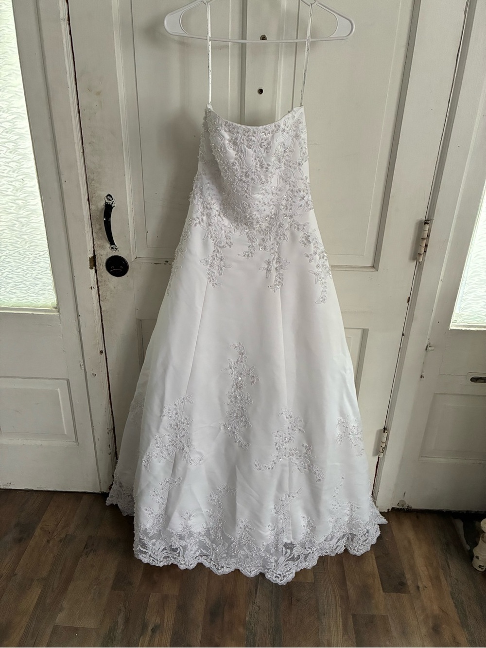 Michaelangelo White Strapless A-Line Wedding Dress with Beaded Lace